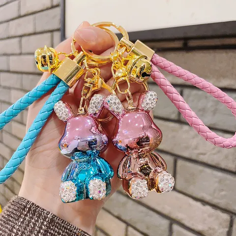 Cute Electroplated Metal Bowtie Rabbit Keychain Sparkling Rhinestone Inlaid Rabbit Bag Charm With Braided Rope Bell Pendant Key Ring Gift For Women