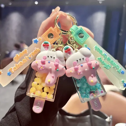 Cute Acrylic Liquid Quicksand Keychain Cartoon Animal Fruit Milk Tea Cup Bag Charm Colorful Pendant Gift Keyring For Women