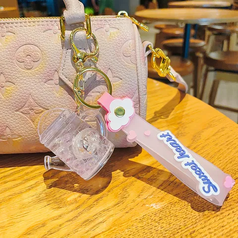 Süß Acryl Flüssig Treibsand Giesskanne Schlüsselanhänger Kreativ LED Leuchten Schlüsselkette Glitzer Blasenperlen Silikon Buchstabenband Tasche Anhänger