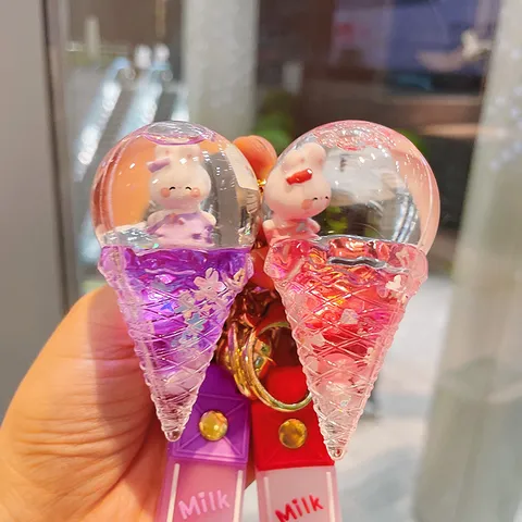 Creative Liquid Quicksand Ice Cream Rabbit Keychain Floating Figure Floating Acrylic Key Ring Bag Hanging Ornament Charm For Car Key