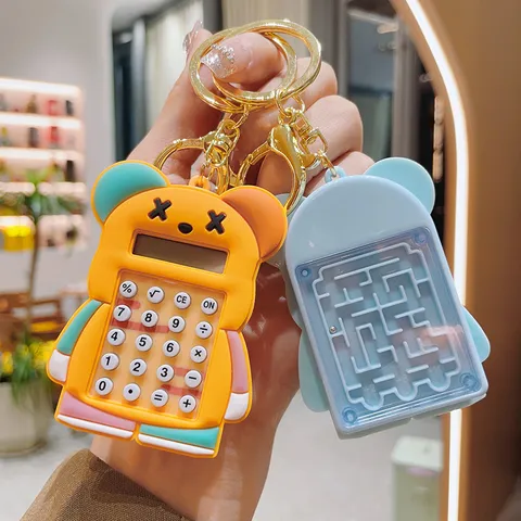 Creative Cartoon Bear Keychain Mini Electronic Calculator Keyring Portable Student School Bag Car Pendant Toy Gift Accents