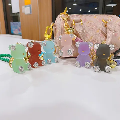 Creative Jelly Bear Keychain With Rhinestone Inlaid Leather Woven Cord Metal Key Ring Cute Cartoon Animal Bag Charm Car Key Holder Holiday Gift