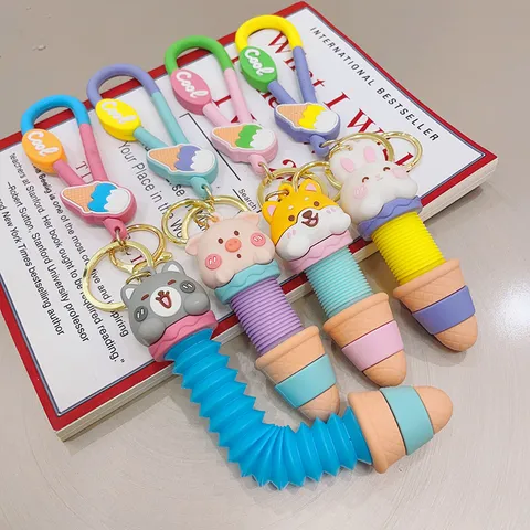 Cute Cartoon Telescopic Tube Keychain Creative Animal Dinosaur Duck Decompression Bag Pendant Key Ring Ornament Gift For Friends Kids