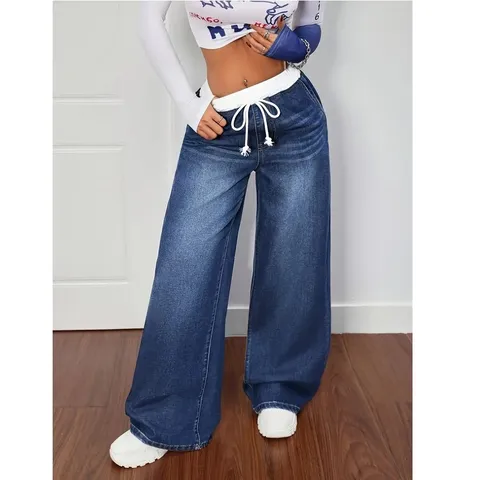 Pantalon Large en Denim Décontracté pour Femmes Taille Haute Cordon de Serrage