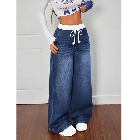 Pantalon Large en Denim Décontracté pour Femmes Taille Haute Cordon de Serrage