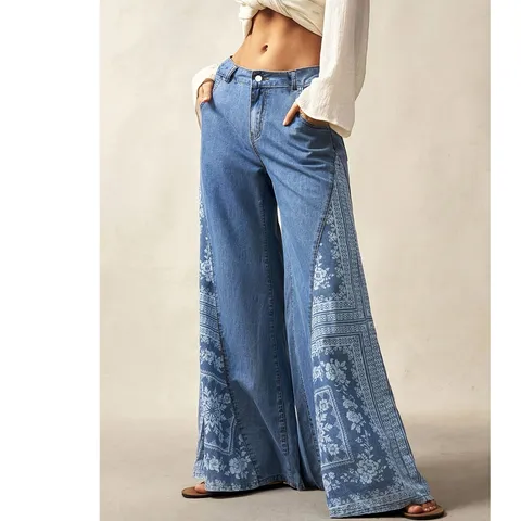 Pantalon en Denim Taille Haute Décontracté pour Femmes Imprimé Ethnique Bohémien Pantalon Évasé Long Coupe Ample Bleu