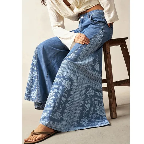 Pantalon en Denim Taille Haute Décontracté pour Femmes Imprimé Ethnique Bohémien Pantalon Évasé Long Coupe Ample Bleu
