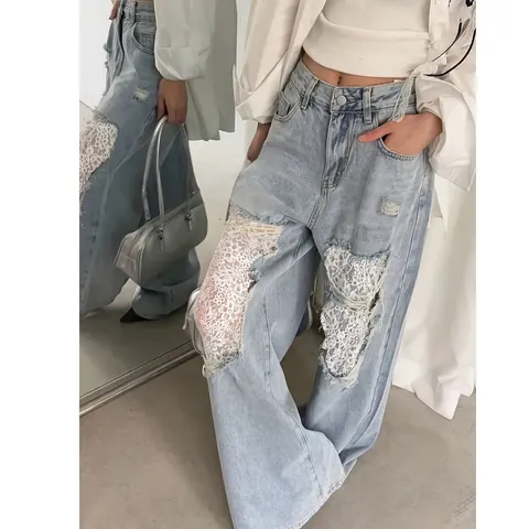 Pantalon en Denim Ample Décontracté pour Femmes Pantalon Long Taille Haute Patchwork Dentelle