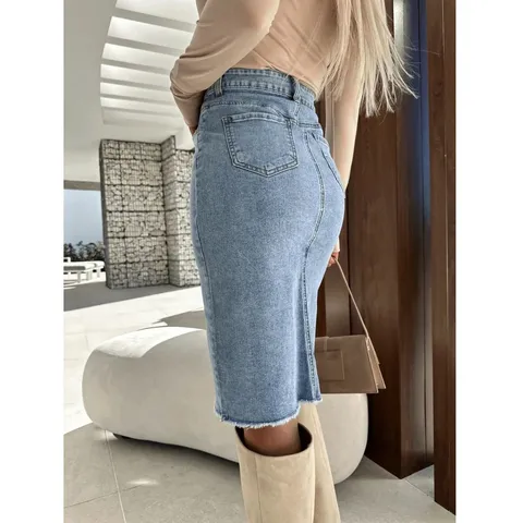 Women Casual Cotton Blend Denim Skirt High Waist Slim Fit Solid Color Front Slit Midi Skirt Streetwear Fashion Bottoms