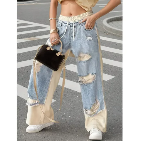 Jean Droit Décontracté pour Femmes en Mélange de Coton Cordon Taille Basse Pantalon Délavé Toutes Saisons Mode