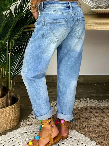 Pantalon en Denim Streetwear Casual Extensible Délavé Multi-Boutons Taille Haute pour Femmes Grande Taille