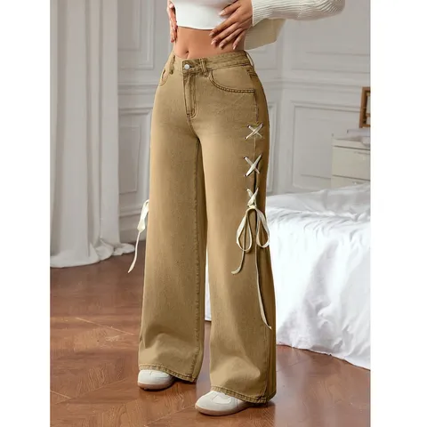 Femme Décontracté Ample Jambe Droite Pantalon en Denim Taille Basse Baggy Jean Avec Détails de Ruban Latéral à Lacets Pantalon Kaki