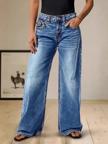 Damen Hohe Taille Weites Bein Gerade Jeans Lässig Lose Streetwear Denim Hose