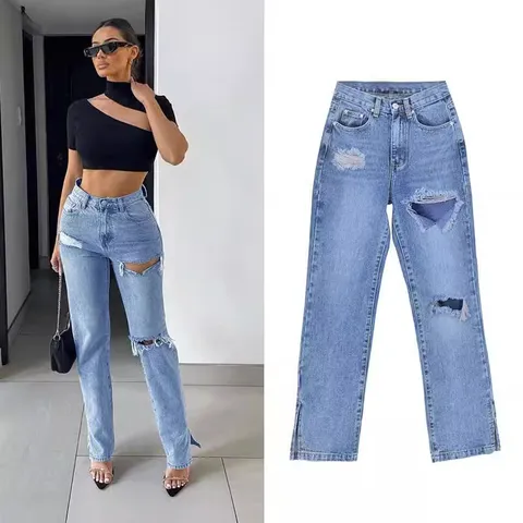 Jean Droit Taille Haute pour Femmes Pantalon en Denim Lavé Décontracté avec Ourlet Fendu Streetwear