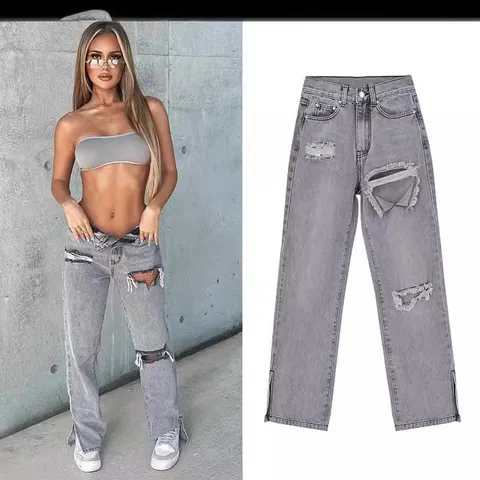 Jean Droit Taille Haute pour Femmes Pantalon en Denim Lavé Décontracté avec Ourlet Fendu Streetwear