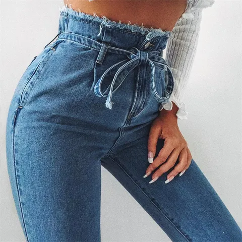 Pantalon en Denim Décontracté à Taille Haute pour Femmes Jambe Droite Bord Brut Lacé Jeans Noirs Mode Streetwear