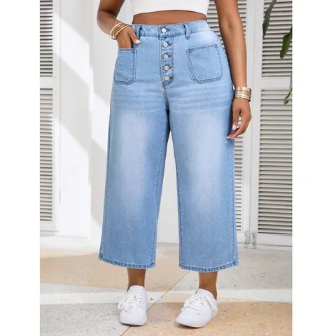 Pantalones Capri de Mezclilla de Talla Grande para Mujer Cintura Alta Azul Cielo Sueltos Elásticos Pantalones Cortos Casuales