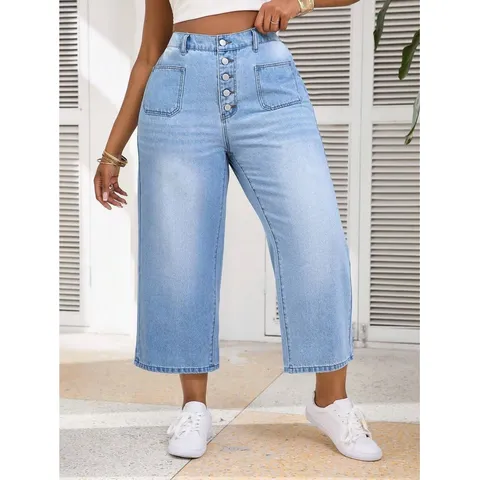 Pantalones Capri de Mezclilla de Talla Grande para Mujer Cintura Alta Azul Cielo Sueltos Elásticos Pantalones Cortos Casuales