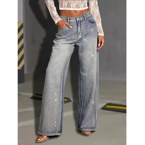 Pantalon Large en Denim Taille Mi-Haute pour Femmes Strass Décontracté Ample Long Jeans Grande Taille