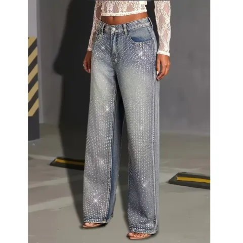 Pantalon Large en Denim Taille Mi-Haute pour Femmes Strass Décontracté Ample Long Jeans Grande Taille
