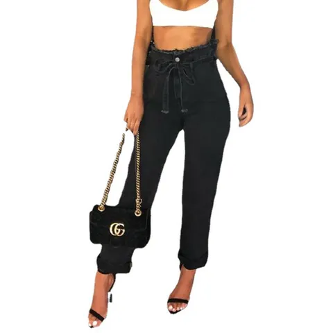 Pantalon en Denim Décontracté à Taille Haute pour Femmes Jambe Droite Bord Brut Lacé Jeans Noirs Mode Streetwear