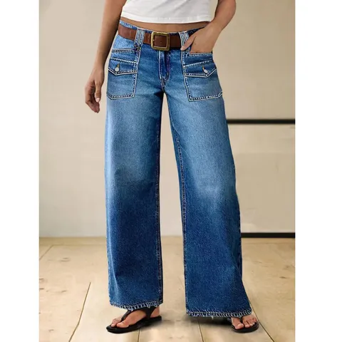 Pantalon Large en Denim Décontracté pour Femmes Taille Haute Ample Cargo Grande Taille Bleu Mode