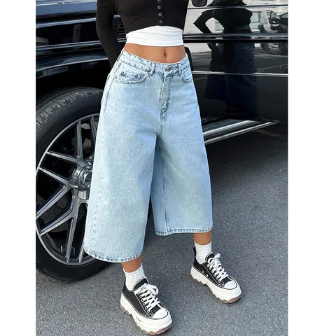 Pantalón Capri Casual de Tiro Alto en Denim Ancho para Mujer Estilo Retro Americano Corte Suelto Streetwear