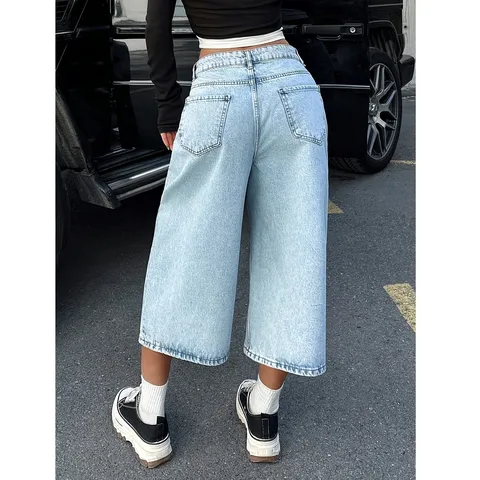 Pantalón Capri Casual de Tiro Alto en Denim Ancho para Mujer Estilo Retro Americano Corte Suelto Streetwear