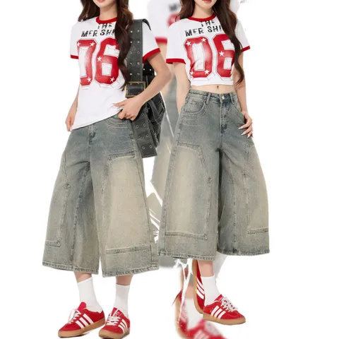 Pantalon Court en Denim Jambes Larges Taille Basse Vintage Décontracté pour Femmes Couleur Unie Jean Lavé Ample