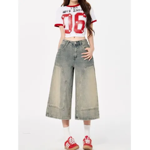 Pantalon Court en Denim Jambes Larges Taille Basse Vintage Décontracté pour Femmes Couleur Unie Jean Lavé Ample