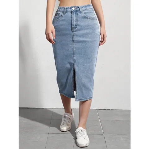Womens High Waist Split Bodycon Denim Midi Skirt Casual Stretchy Cotton Blend Pencil Skirt Spring Summer Fashion