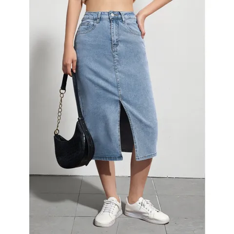 Womens High Waist Split Bodycon Denim Midi Skirt Casual Stretchy Cotton Blend Pencil Skirt Spring Summer Fashion