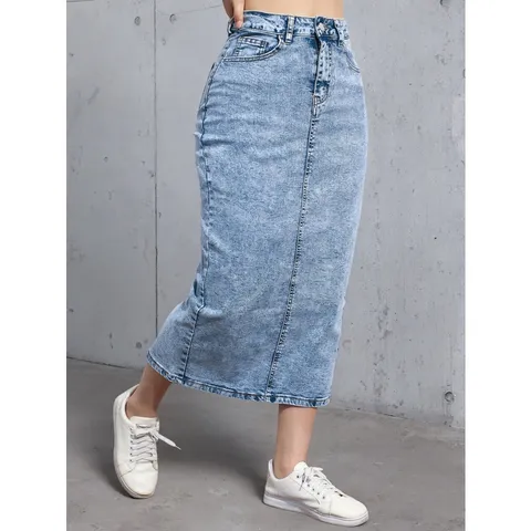 Women's High Waist Light Blue Denim Midi Skirt Casual Slim Fit Straight Long Skirt Cotton Blend Split Streetwear Fashion