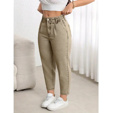 Jean Droit Décontracté en Coton Denim pour Femmes Taille Basse Pantalon Court Couleur Unie Coupe Slim Mode pour Quotidien