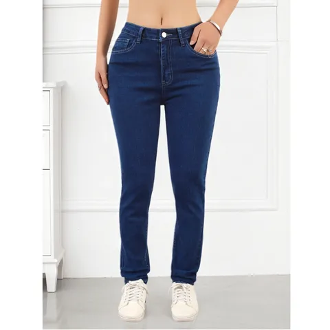 Women Fashion Dark Blue Denim Jeans Slim Fit Stretch Skinny Long Pants Casual Versatile All Season Cotton Blend Bottoms