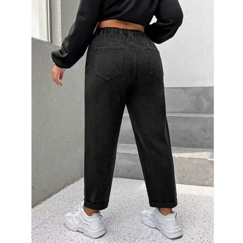 Pantaloni di Jeans Donna Taglie Forti Nero Lavato Vita Alta Gamba Dritta Elastico Casual Pantaloni Stretch in Misto Cotone