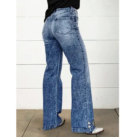 Womens Fashion High Waist Flare Jeans Mid Waist Denim Cotton Long Pants Classic Blue Washed Casual Trousers
