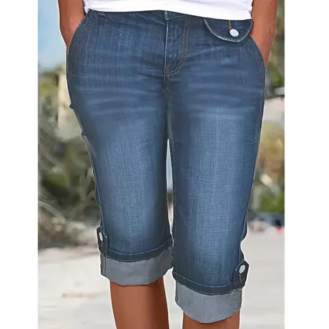Women's Plus Size Stretch Slim Casual Rolled Hem Denim Capris Mid Rise Solid Color Biker Denim Pants