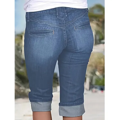 Women's Plus Size Stretch Slim Casual Rolled Hem Denim Capris Mid Rise Solid Color Biker Denim Pants