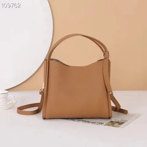 Bolso Cubo de Cuero Auténtico para Mujer Vintage Casual Commuting Bolso de Mano Gran Capacidad Color Sólido Bandolera