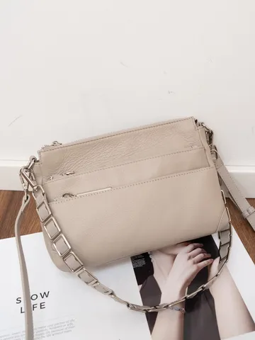 Damen Echtes Leder Umhängetasche Lässige Weiche Leder Crossbody Tasche Mehrere Reißverschlüsse Kleine Quadratische Tasche Kette Handtasche