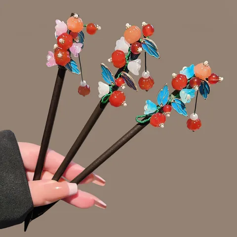 Neo-Chinese Vintage Wooden Hair Stick Elegant Persimmon Tassel Hairpin Flower Resin Bead Dangle Drop Step Shake Hanfu Cheongsam Hair Accessories For Women