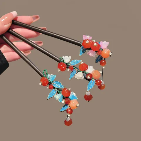 Neo-Chinese Vintage Wooden Hair Stick Elegant Persimmon Tassel Hairpin Flower Resin Bead Dangle Drop Step Shake Hanfu Cheongsam Hair Accessories For Women