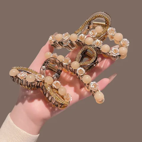 Elegant Korean Flower Bow Hair Claw Clip Large Resin Alloy Artificial Pearl Rhinestone Shark Clip Women Hair Accessory
