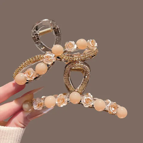 Elegant Korean Flower Bow Hair Claw Clip Large Resin Alloy Artificial Pearl Rhinestone Shark Clip Women Hair Accessory