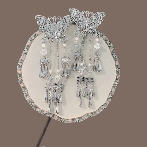 Vintage New Chinese Style Butterfly Crescent Moon Tassel Hair Clip Miao Silver Alloy Artificial Pearl Hairpin Headwear For Women Hanfu Qipao