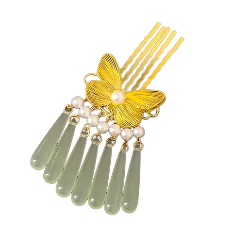 New Chinese Style Gold Butterfly Hair Comb With Tassel Faux Jade Artificial Pearl Hair Clip For Women Vintage Elegant Hair Accessories