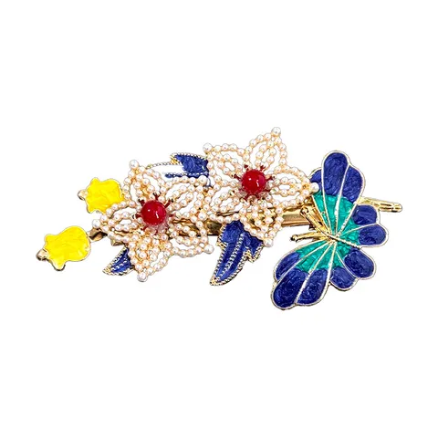 Vintage Alloy Cloisonne Hair Clip With Artificial Pearl Tassel Hanfu Cheongsam Hairpin Rhinestone Flower Butterfly Alligator Clip For Women