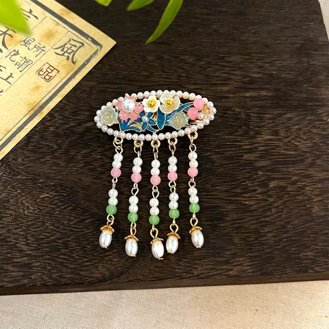 Vintage Alloy Cloisonne Hair Clip With Artificial Pearl Tassel Hanfu Cheongsam Hairpin Rhinestone Flower Butterfly Alligator Clip For Women