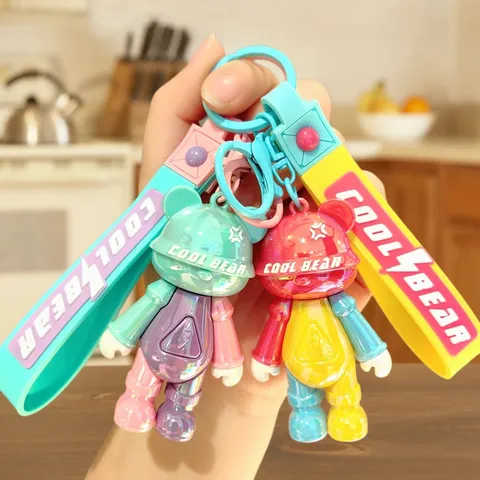 Creative Cartoon Colorful Color Block Bear Keychain PVC Electroplated Soft Rubber Doll Bag Pendant Fashion Key Ring